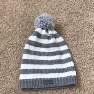 Grey and white striped beanie